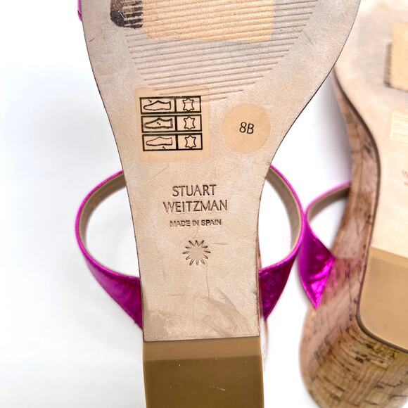 STUART WEITZMAN Aleena 50 Wedge Sandal Womens 8 Metallic Hot Pink Slide Cork - Picture 8 of 10